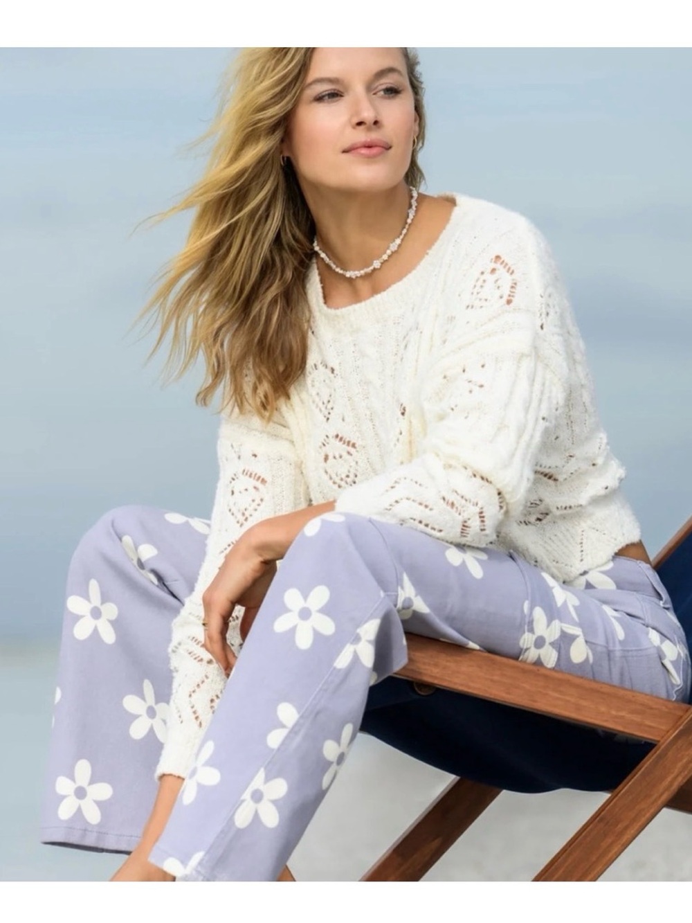 Altar'd State Lavender Floral Wide-Leg Pants with White Daisies